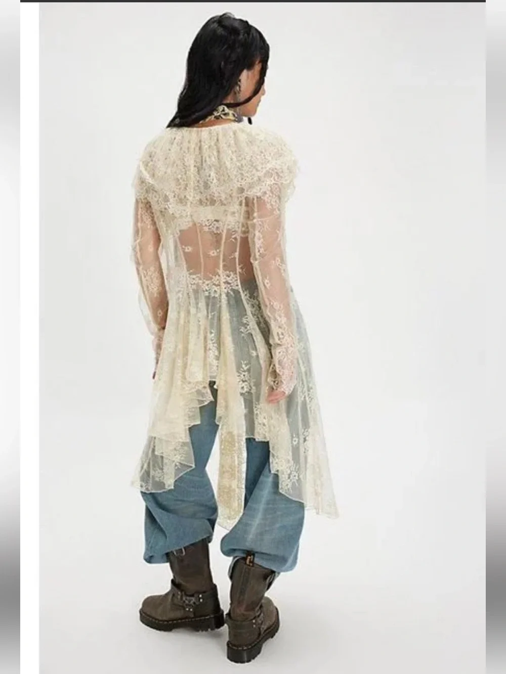Free People x Nigel Preston Maud Lace Duster Sheer Hi-Low Ruffle NWT One Size - Picture 3 of 11